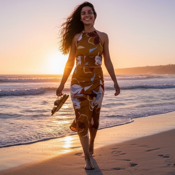 Sigrid Olsen Floral Halter Top & Midi Skirt Set S Mustard Red Blue NWT - Picture 1 of 6